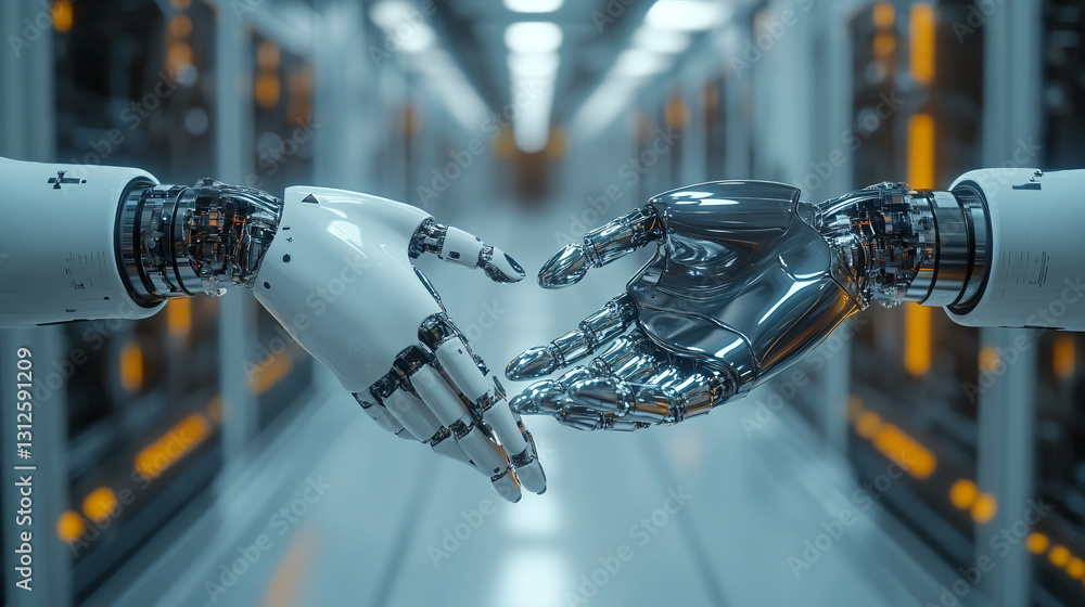Poster two robots engaged in a friendly handshake symbolizing cooperation in a high-tech industrial setting