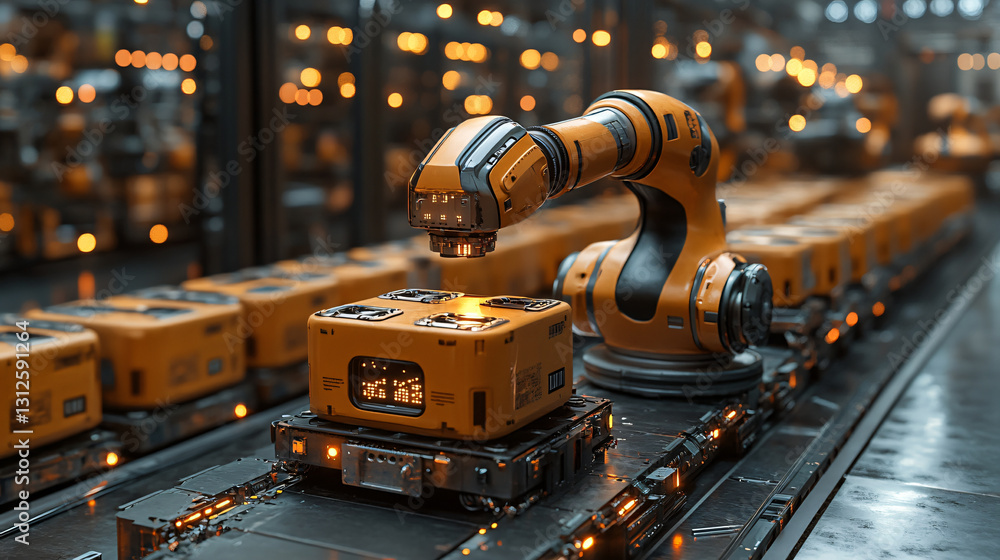 Fototapete Robot working on a conveyor belt system in a high-tech industrial setting for efficient material handling