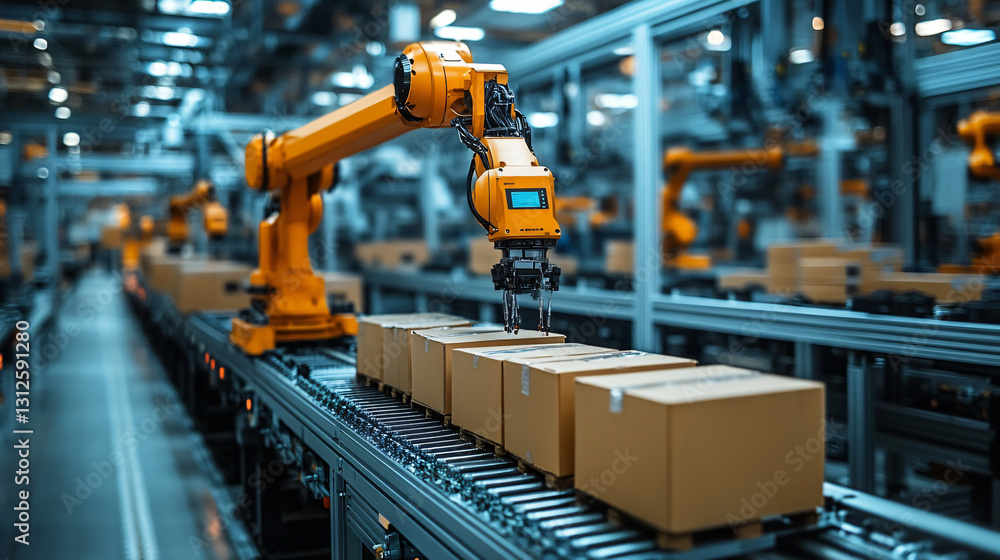 Aufkleber Robot actively moving boxes on a conveyor belt in a high-tech warehouse environment for streamlined operations