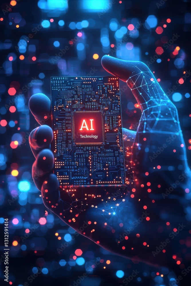 Poster futuristic hand holding an ai microchip with digital neural network