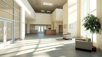 Bright Modern Building Lobby Interior with Sunlight and Seating