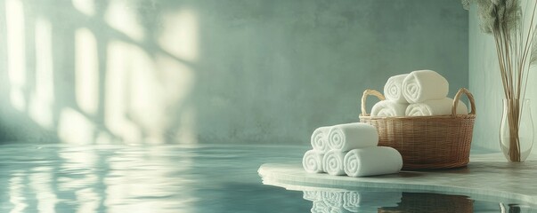 Spa setting with neatly stacked towels and basket of rolled towels on a tranquil surface
