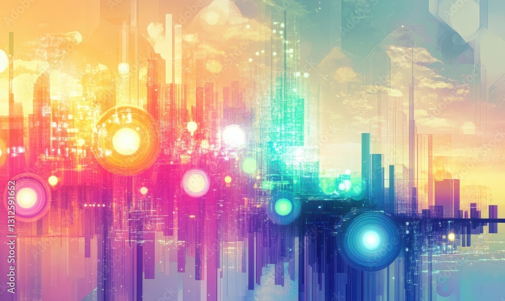 Poster abstract digital circuit design with glowing elements and structures.