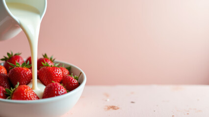 "Bowl filled with strawberries being drizzled with milk"