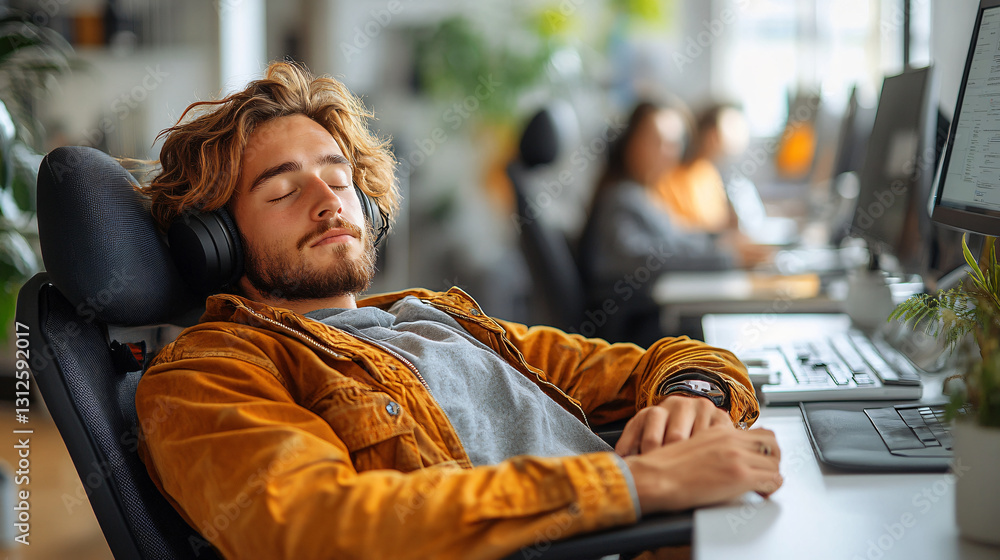 Poster tired man asleep at his desk in office environment illustrating exhaustion and need for rest during 