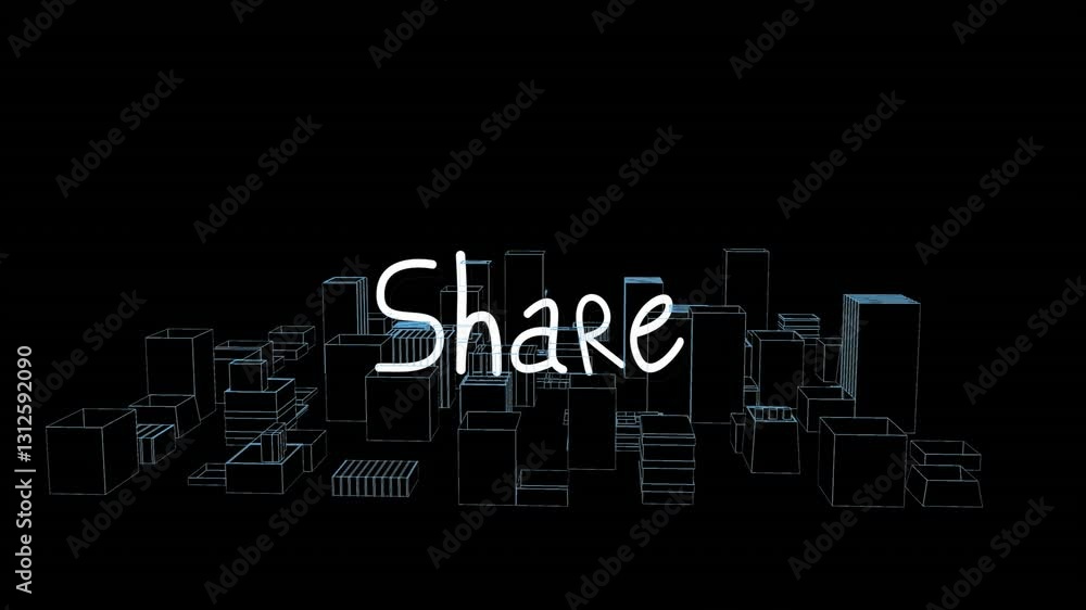 Poster sharing text over animation of wireframe cityscape with black background