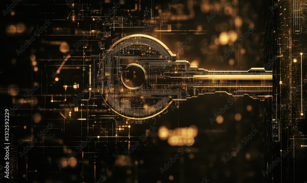 Poster abstract representation of a key against a digital background symbolizing security policies and tech