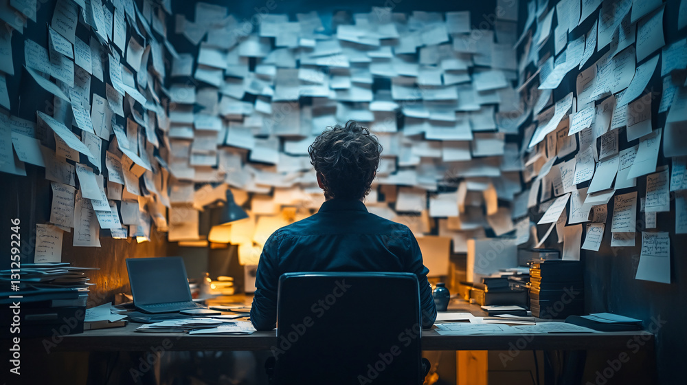Poster overwhelmed employee sitting at desk covered with papers and staring at endless emails in busy offic