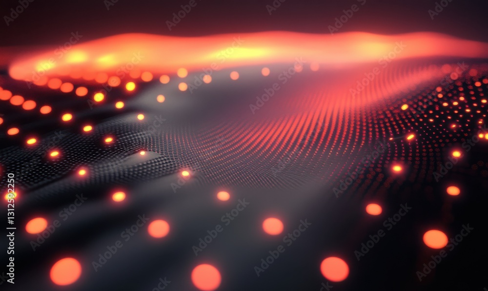 Poster abstract representation of glowing particles on a dark surface.
