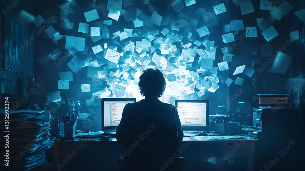 Poster Overwhelmed employee sitting at desk in front of computer while facing mountain of papers and endless emails
