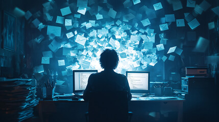 Overwhelmed employee sitting at desk in front of computer while facing mountain of papers and endless emails