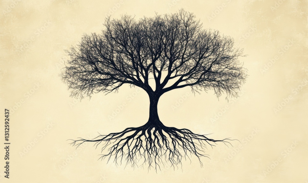 Poster abstract tree design with roots and elegant branches on a subtle background