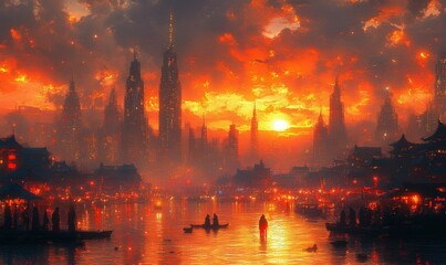 Naklejka premium Fiery sunset over futuristic city canal