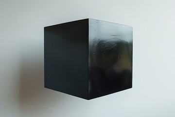 premium product photography, mm sleek black reflective cube floats in negative space, emanating a premium, minimalist aura against a white backdrop
