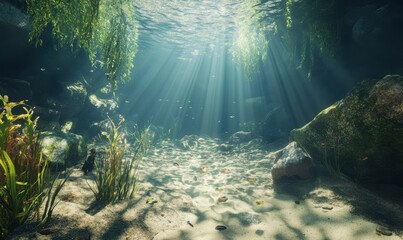 Obraz premium Sunlight beams penetrating water, creating a serene underwater scene.