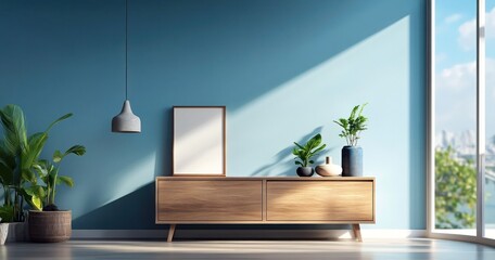 Un salon avec mur bleu, une armoire en bois, un cadre blanc, une plante verte et une fenêtre avec lumière du soleil traversant la pièce, concept d'aménagement intérieur minimaliste.