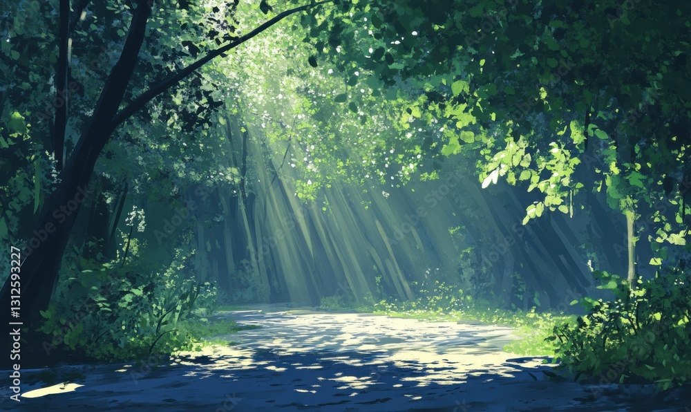 Poster sunlight filters through trees in a serene forest setting.