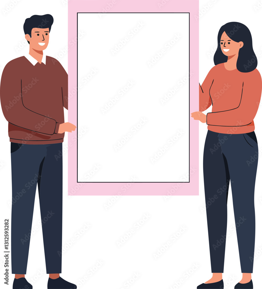 Poster two smiling individuals holding a blank frame in a minimal style showcasing teamwork and creativity 