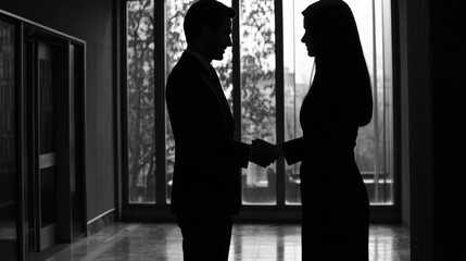 Silhouetted business professionals shaking hands in a modern office setting with large windows