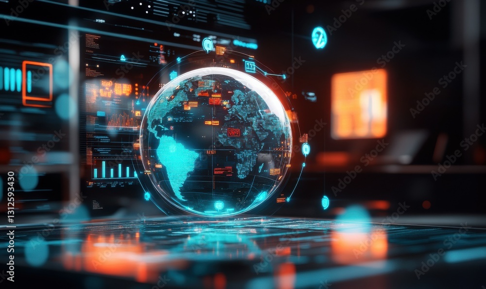 Poster 3d globe surrounded by digital icons representing global connectivity and data analysis on a futuris