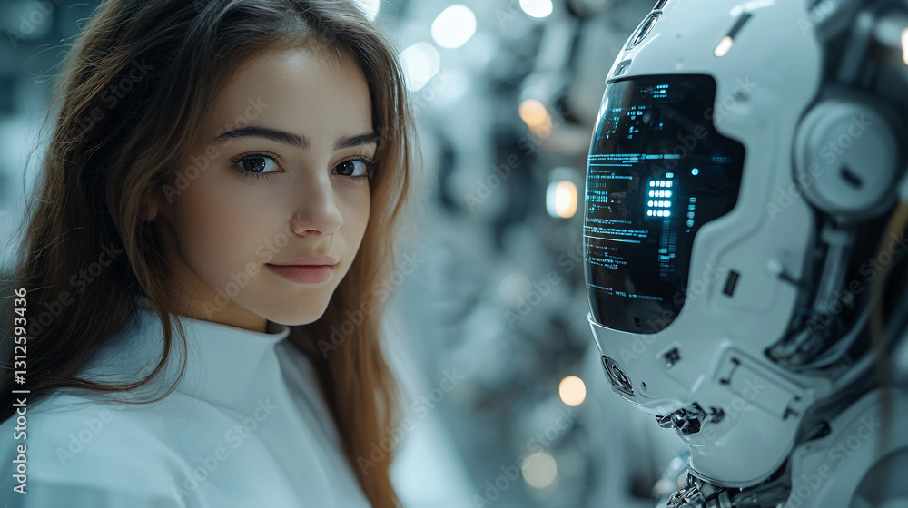 Poster Woman in white lab coat observing advanced robot technology in a professional procurement environment with automation tools