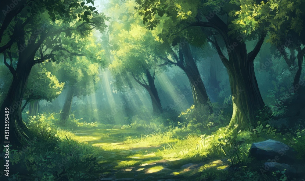 Aufkleber sunlight streaming through trees in a serene forest setting.