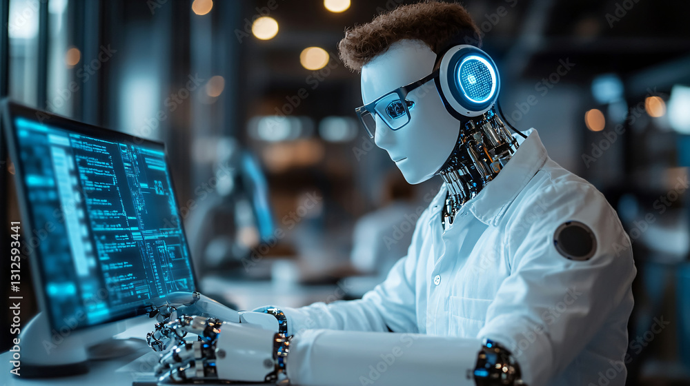Poster advanced robot engaged in computer operations within a modern procurement environment utilizing auto