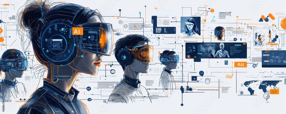 Poster people immersed in virtual reality use with ai technology integration