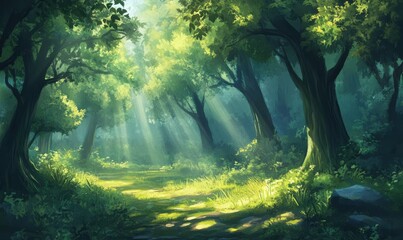 Sunlight streaming through trees in a serene forest setting.
