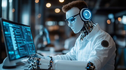 Advanced robot engaged in computer operations within a modern procurement environment utilizing automated technology systems