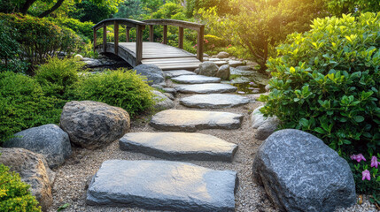 Tranquil japanese garden path with sunlit wooden bridge and lush greenery.