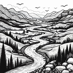 Fototapeta premium Black and white river landscape illustration with mountains and trees