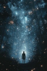 Obraz premium Silhouetted figure amidst magical forest night