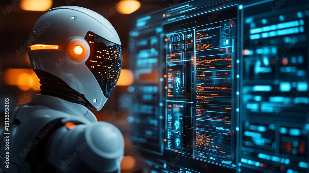 Poster robot interacting with computer display in professional procurement setting emphasizing automation a