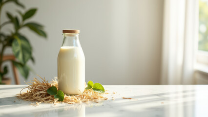 A glass bottle with milk on a table.