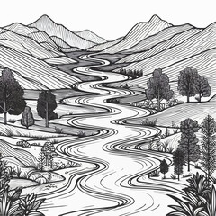 Intricate black and white landscape illustration of a winding river through hills
