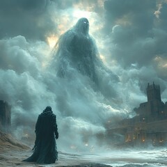 Lone figure faces colossal cloud being near castle