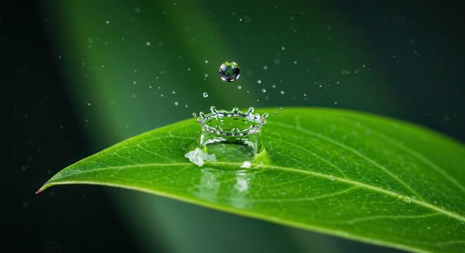 Water Drop Impact Creates a Crown on Fresh Green Leaf