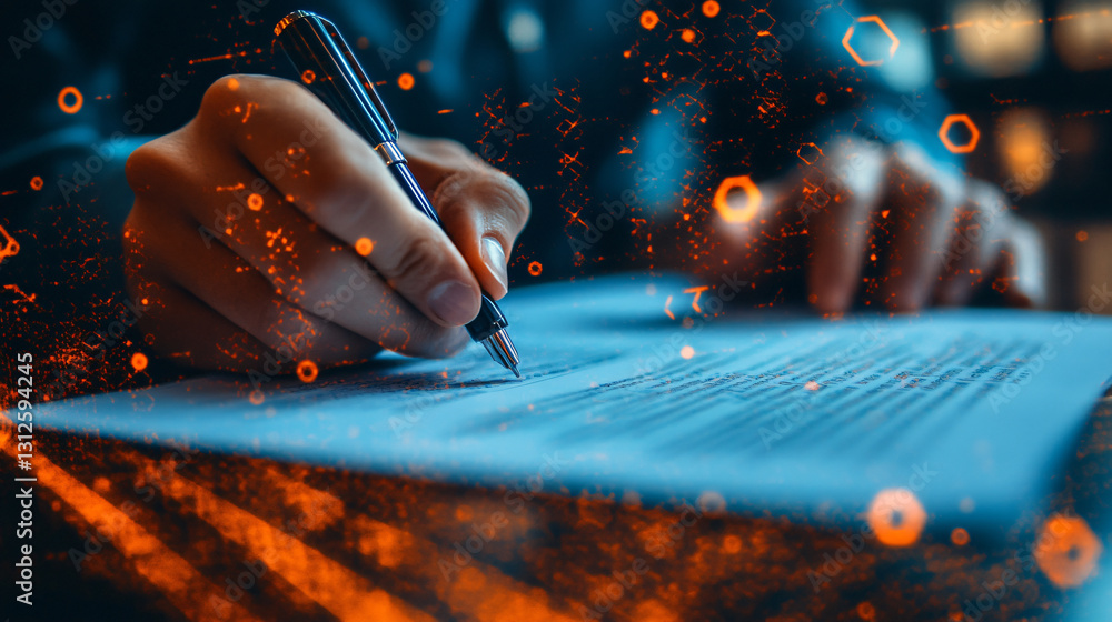 Poster person writing on paper while surrounded by circuit boards illustrating smart contract management in