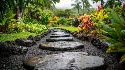Tranquil pathway in lush tropical garden with stepping stones and vibrant foliage.