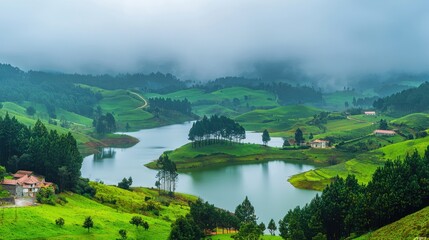 Fototapeta premium Misty mountain valley lake scene with winding road and farmland