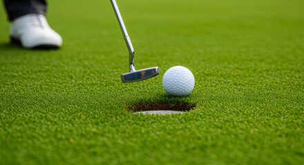 Golf ball and club on a lush green golf course