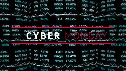Animation of Cyber Monday text over fluctuating stock market data and financial graphs - Powered by Adobe
