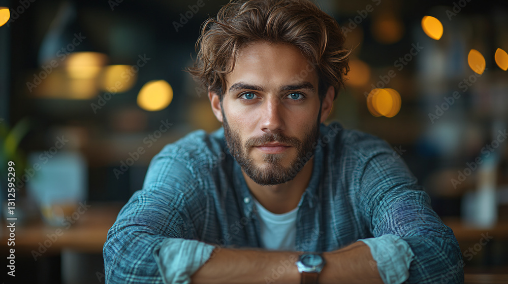 Poster exhausted intern with beard staring blankly at desk surrounded by papers and office supplies in dull