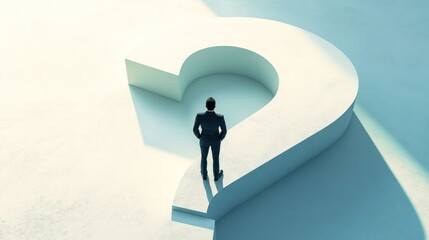 Obraz premium A man contemplating a giant question mark in an open space