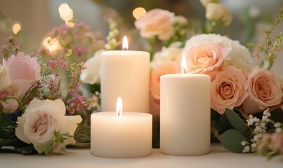 A floral arrangement with candles, showcasing beauty and tranquility.
