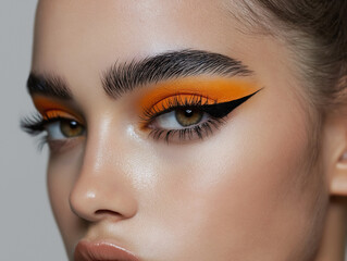Naklejka premium Bold eye makeup with vibrant orange shadows and dramatic eyeliner highlights natural beauty during a photoshoot