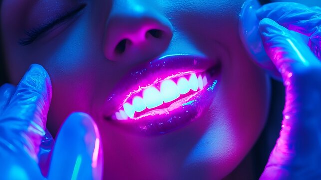 Beauty blogger promoting home teeth whitening solution artistic neon representation of bright smile conceptual ad dental hygiene glowing white tooth patient receiving UV light whitening professional