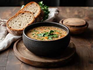 Hearty vegetable soup served in black ceramic bowl with slices of rustic bread on wooden table