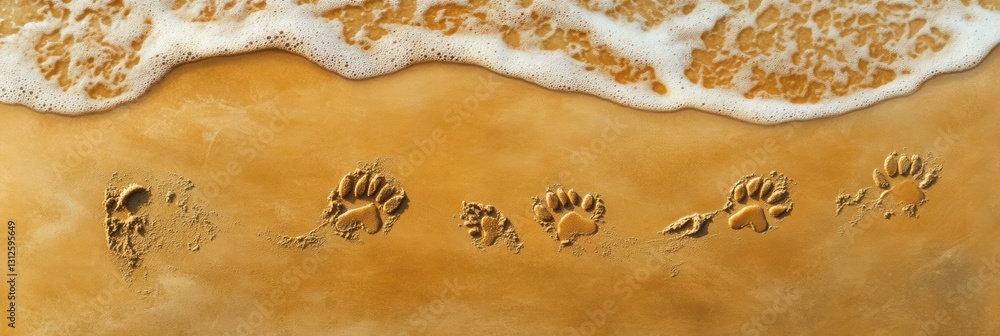 Poster Dog paw prints create a trail on golden sand with gentle waves and sunlight shining in the background Generative AI